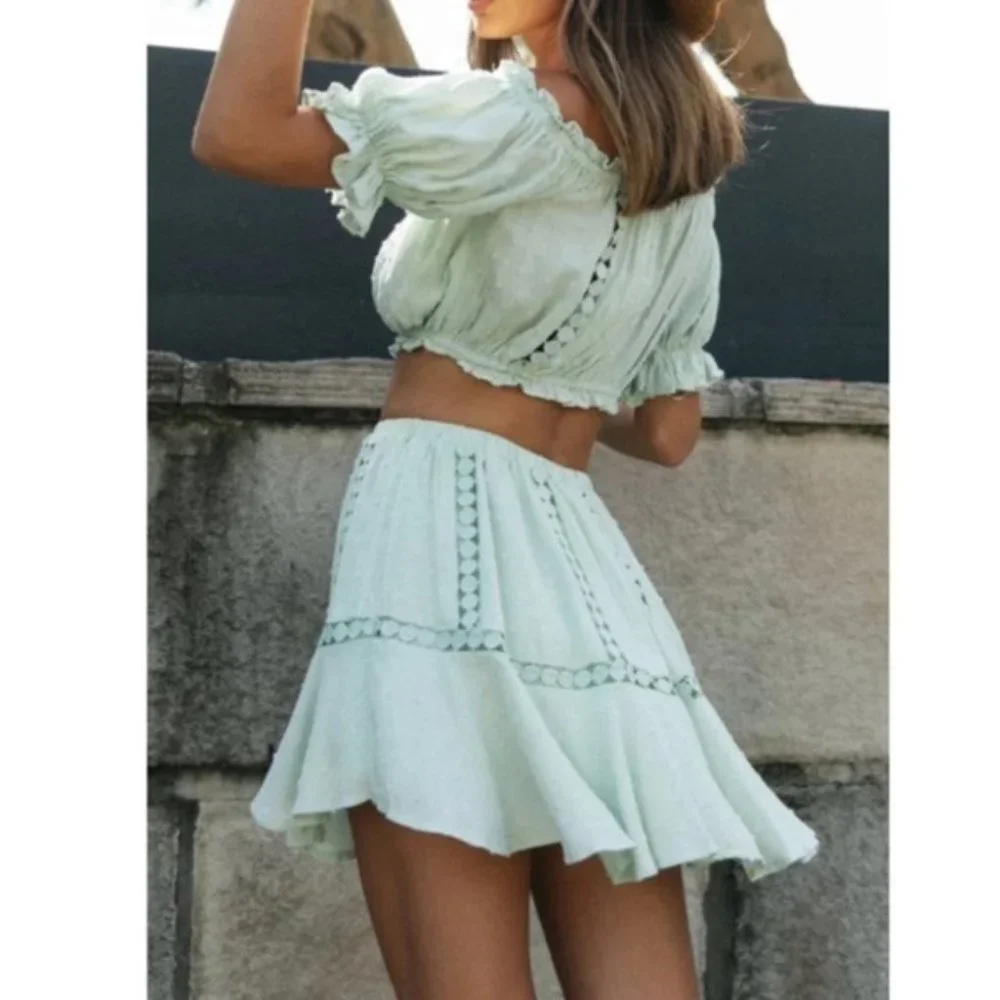 Swiss dot off shoulder crop top skirt set - Picture 2 of 9